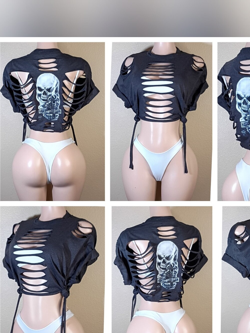 Black Biker Style Custom  Distressed Skull Cutout Crop Top